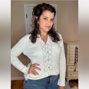 Vintage‎ White crochet-Trimmed Sweater
